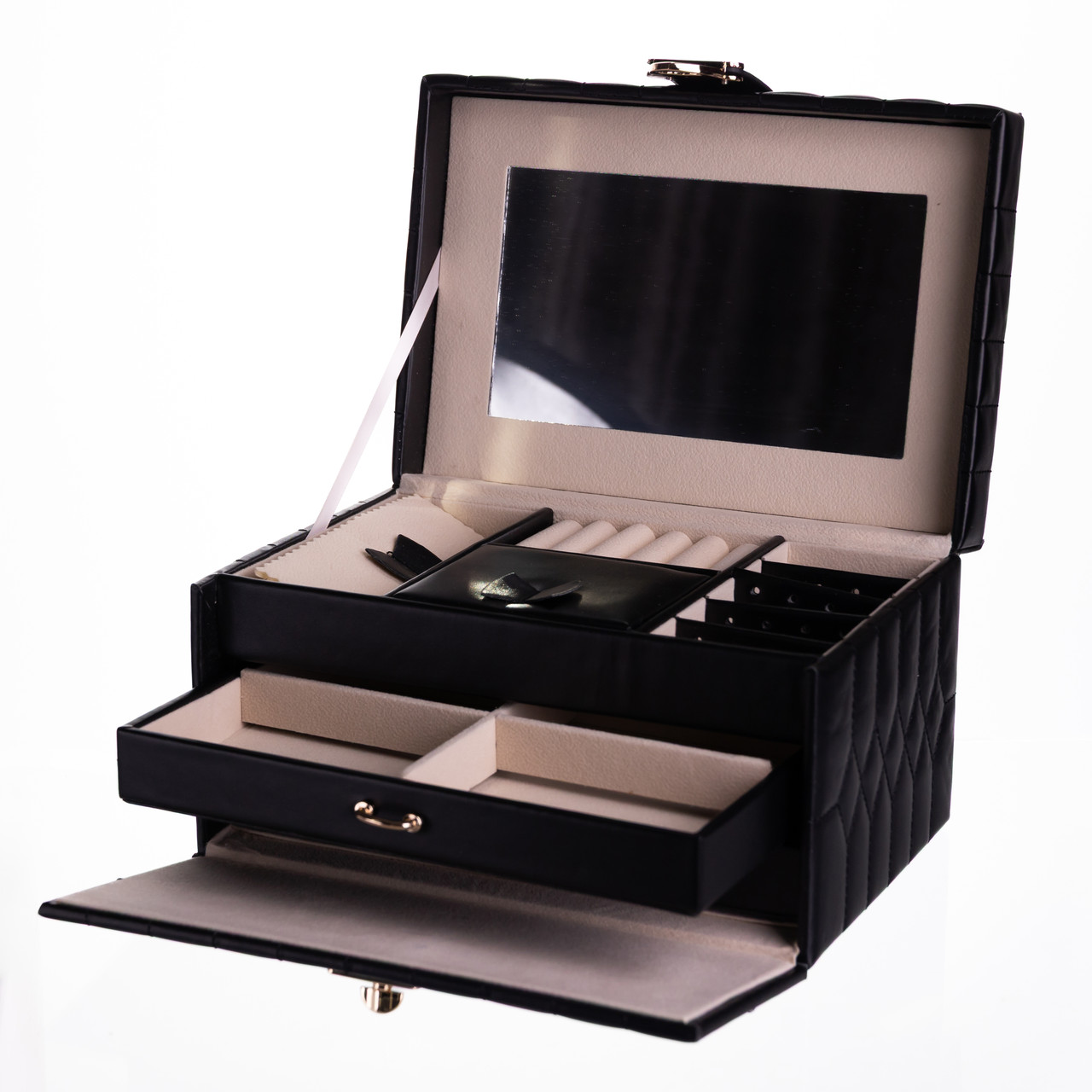 Скринька для прикрас з еко шкіри 3 яруси з дзеркалом органайзер для ювелірних виробів Чорний Yiwu HP-5-17B - Зображення 2