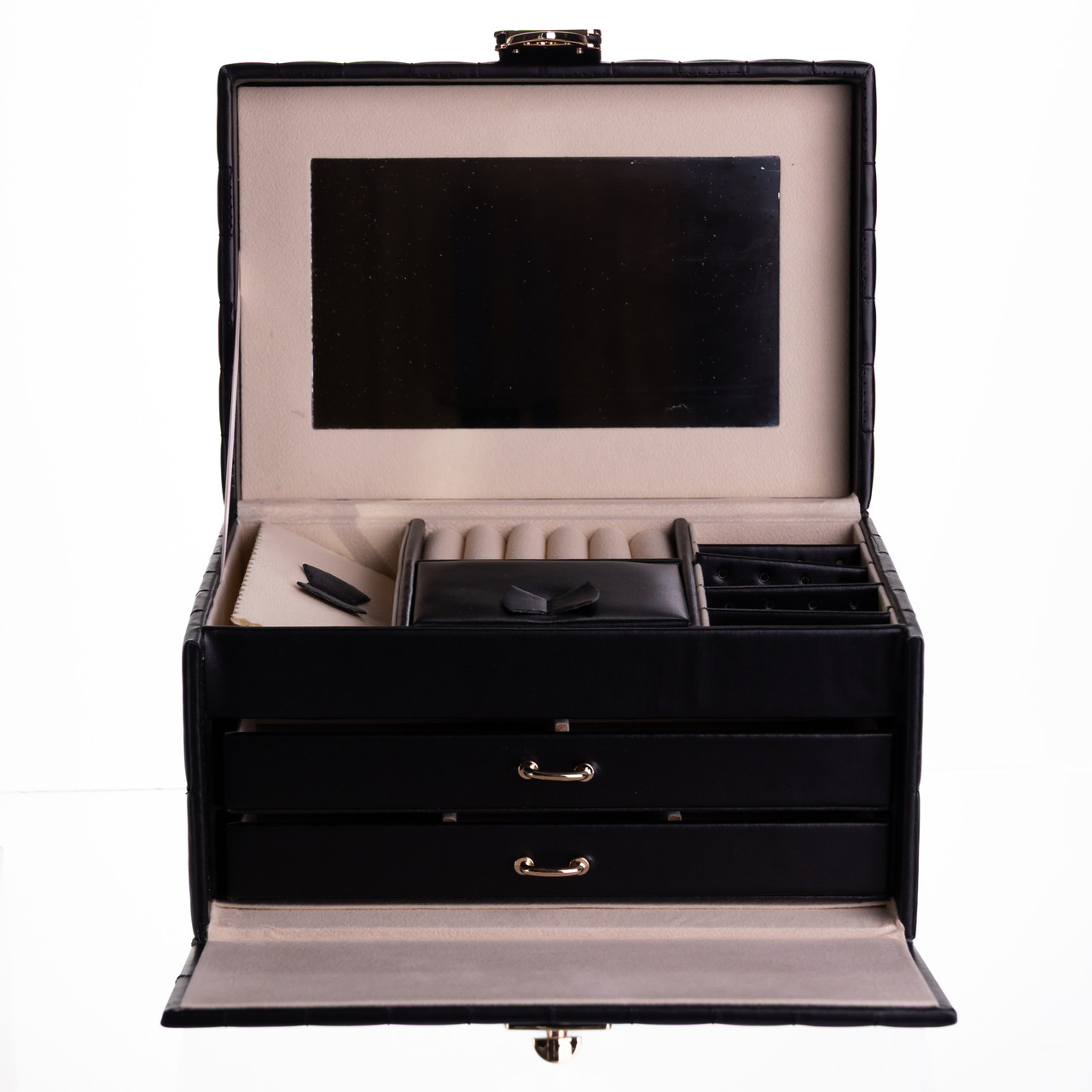 Скринька для прикрас з еко шкіри 3 яруси з дзеркалом органайзер для ювелірних виробів Чорний Yiwu HP-5-17B - Зображення 3