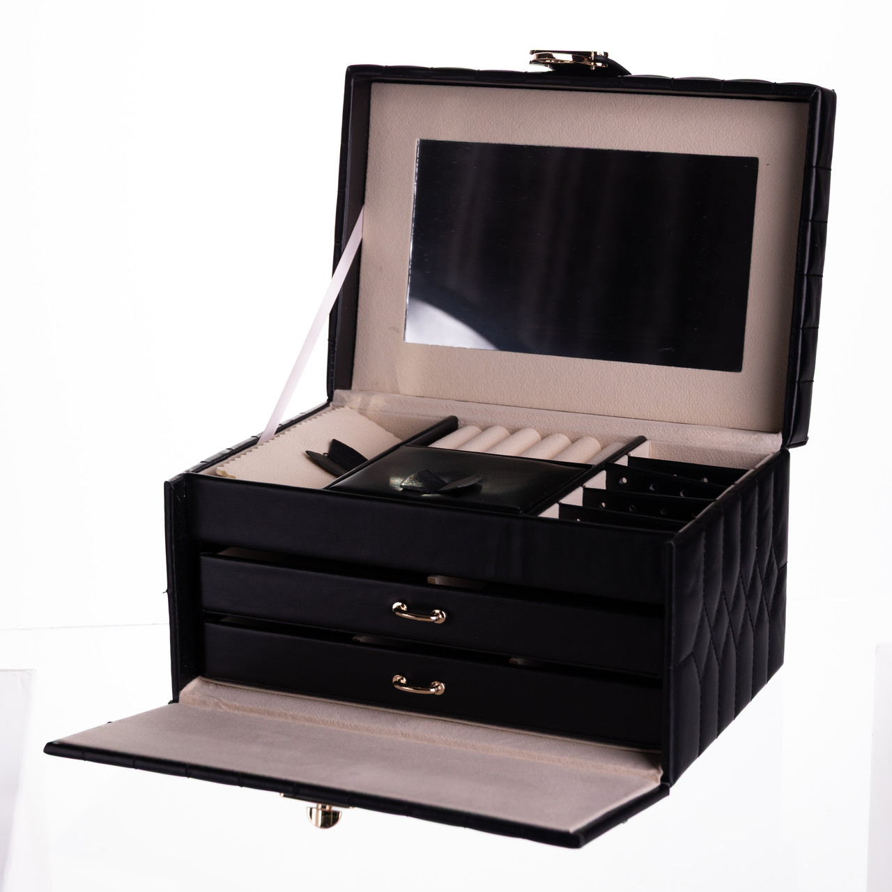 Скринька для прикрас з еко шкіри 3 яруси з дзеркалом органайзер для ювелірних виробів Чорний Yiwu HP-5-17B - Зображення 4