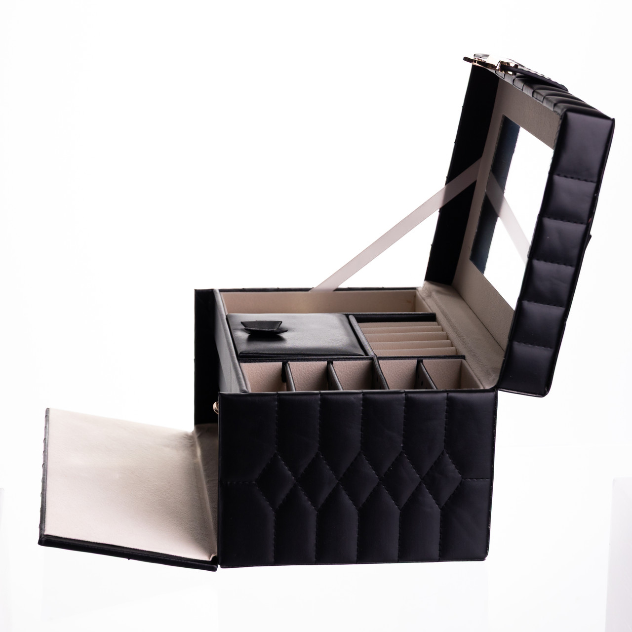 Скринька для прикрас з еко шкіри 3 яруси з дзеркалом органайзер для ювелірних виробів Чорний Yiwu HP-5-17B - Зображення 5