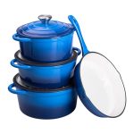 Набір чавунного посуду для приготування 3 каструлі та сковорода з емальованим покриттям Синій HP-1-8