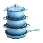Набір чавунного посуду для приготування 3 каструлі та сковорода з емальованим покриттям Блакитний HP-1-7 - Зображення 3
