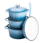Набір чавунного посуду для приготування 3 каструлі та сковорода з емальованим покриттям Блакитний HP-1-7 - Зображення 2