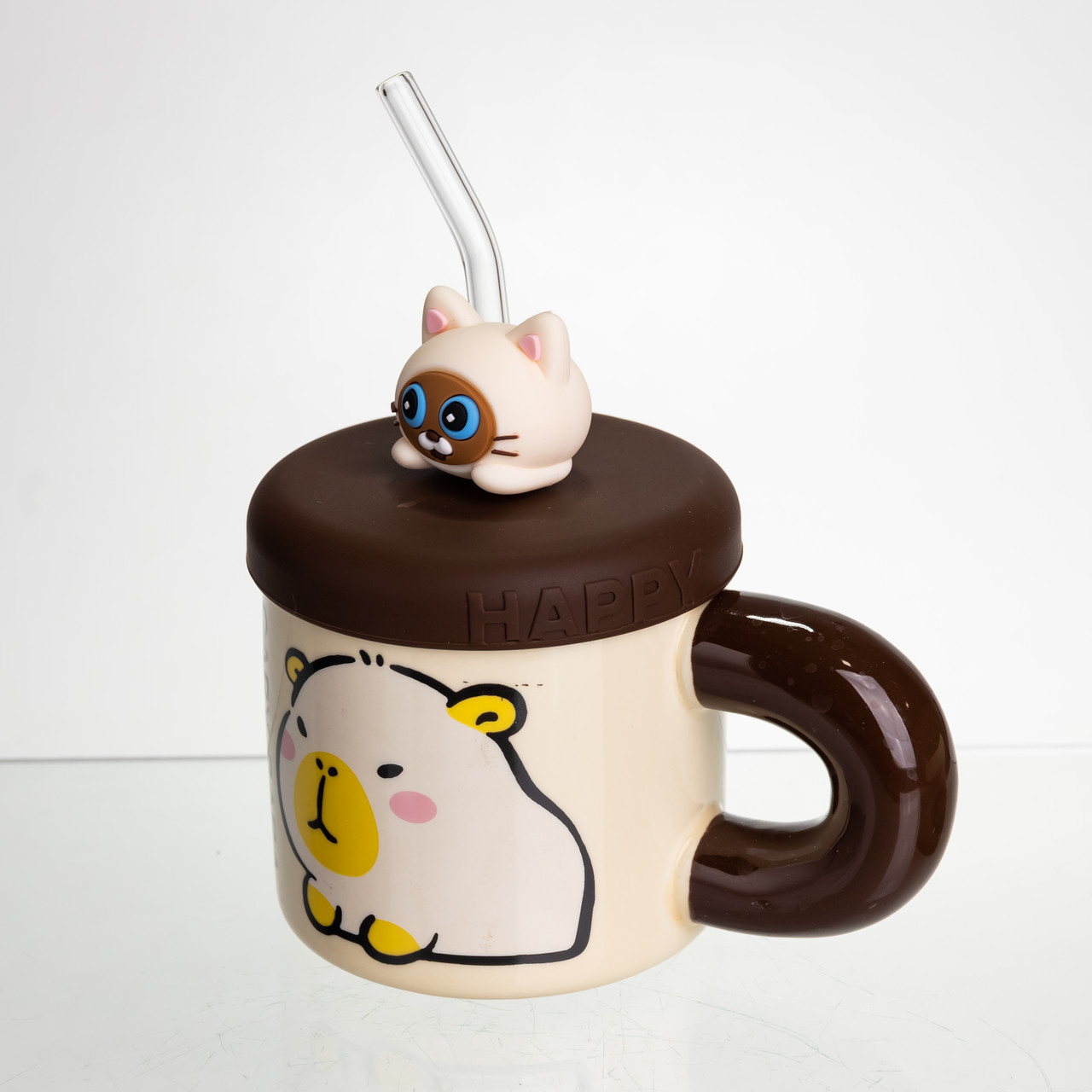 Чашка порцелянова з кришкою і трубочкою Капібара з котиком 400 мл FM-27A - Зображення 3