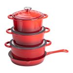 Набір чавунного посуду для приготування 3 каструлі та сковорода з емальованим покриттям Червоний HP-1-4 - Зображення 3