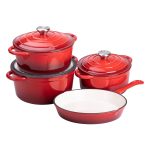 Набір чавунного посуду для приготування 3 каструлі та сковорода з емальованим покриттям Червоний HP-1-4