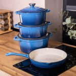 Набір чавунного посуду для приготування 3 каструлі та сковорода з емальованим покриттям Синій HP-1-8 - Зображення 8