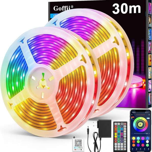 RGB LED стрічка 30 м (2×15 м) з Bluetooth керуванням – самоклеюча світлодіодна підсвітка з регулюванням яскравості