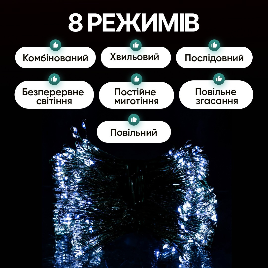 Світлодіодна гірлянда Кінський хвіст Мішура 960 LED 16 ниток 3 м зелена, білий GarlandoPro D960L3MG - Зображення 7
